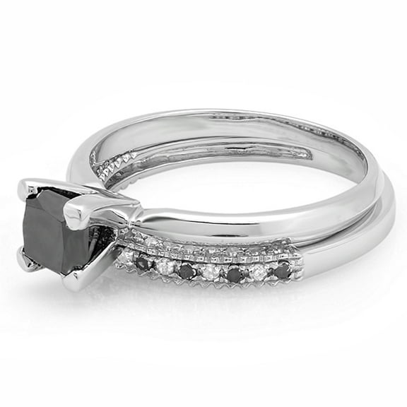 Dazzlingrock Collection 1.50 Carat (ctw) 14K Princess Cut Black & Round White Diamond Ladies Bridal Solitaire Engagement Ring With Matching Millgrain Wedding Band Set 1 1/2 CT, White Gold, Size 5.5