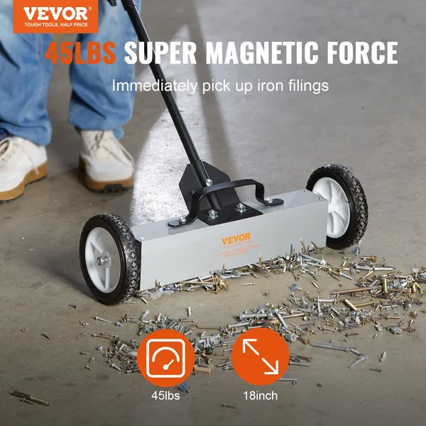 45Lbs Rolling Magnetic Sweeper with Wheels 18 Inch Large Magnet Pickup Lawn Sweeper Push Type Magnetic Pick Up Sweeper Telescoping Handle Easy Cleanup Workshop Garage Yard