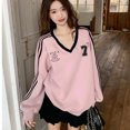 thumbnail image 3 of Real Shot 2024 Korean Style Jersey Style Loose Casual Sweater Women's Lace Stitching Color Contrast Striped Long Sleeve Top, 3 of 5