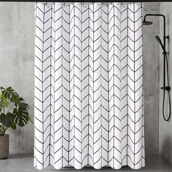 REGALWOVEN V-Stripe Shower Curtain Sets, Waterproof Fabric Bath Curtain with 12 Hooks, Washable Minimalist Modern Hotel-Style White 71"W x 71"L