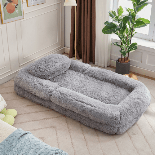 5-Position Adjustable Human Dog Bed, Convertible Floor Sofa & Gaming Chair, Plush Faux Fur Lounger for Bedroom & Living Room, Gray
