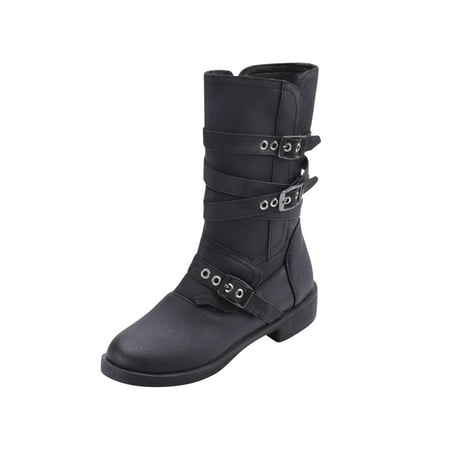 

Christmas Gifts Hvyes Women s Winter Low Heel Flat Round Head Side Zipper Belt Buckle Medium Boots