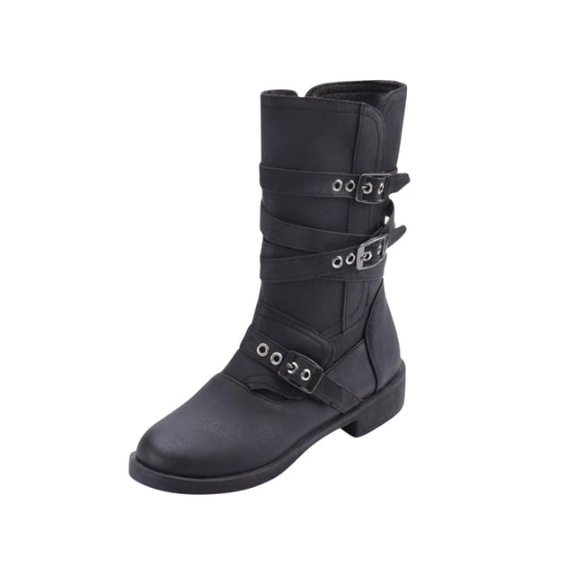 jsaierl Bottes Mi-Hautes pour Femmes d'Hiver à Talon Bas, Plates, Bout Rond, Fermeture Éclair Latérale, Boucle de Ceinture