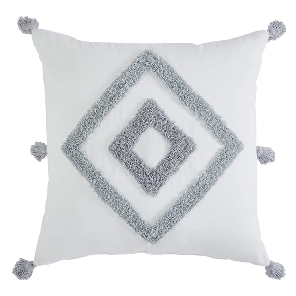 Indigo Ink – Almohada decorativa con forma de diamante con borlas para sofá o cama, decoración bohemia del hogar, 20.0 x 20.0 in (colección medallón copetudo blanco/gris)