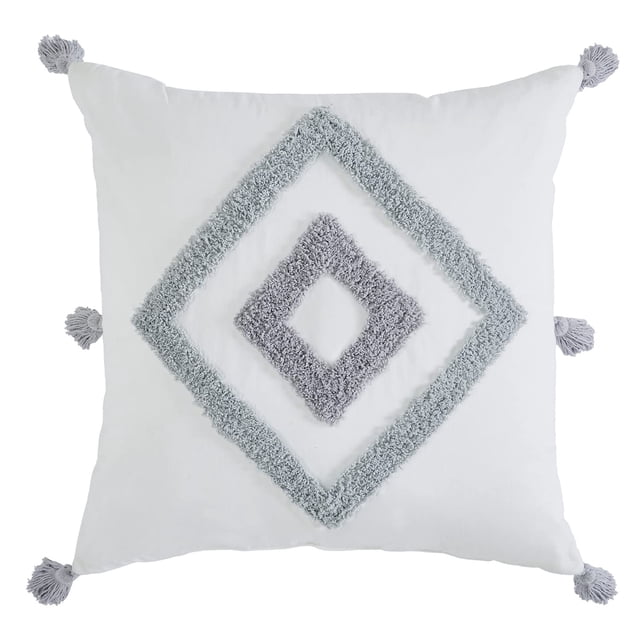 Indigo Ink – Almohada decorativa con forma de diamante con borlas para sofá o cama, decoración bohemia del hogar, 20.0 x 20.0 in (colección medallón copetudo blanco/gris)