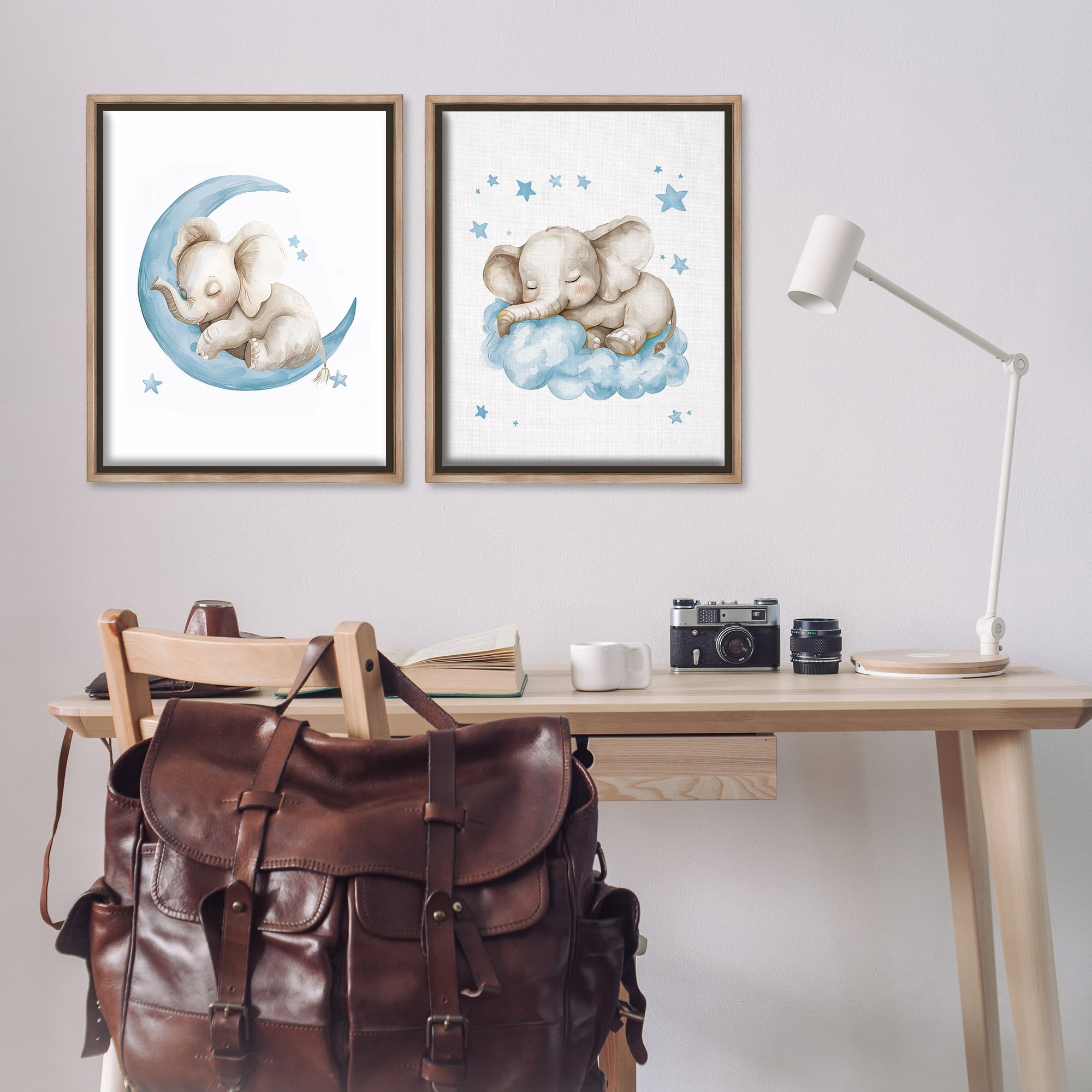 Stupell Industries Blue Sleepy Elephant Animals Painting Brown Floater Framed Canvas Art Print Wall Art, 31 x 25, Set of 2