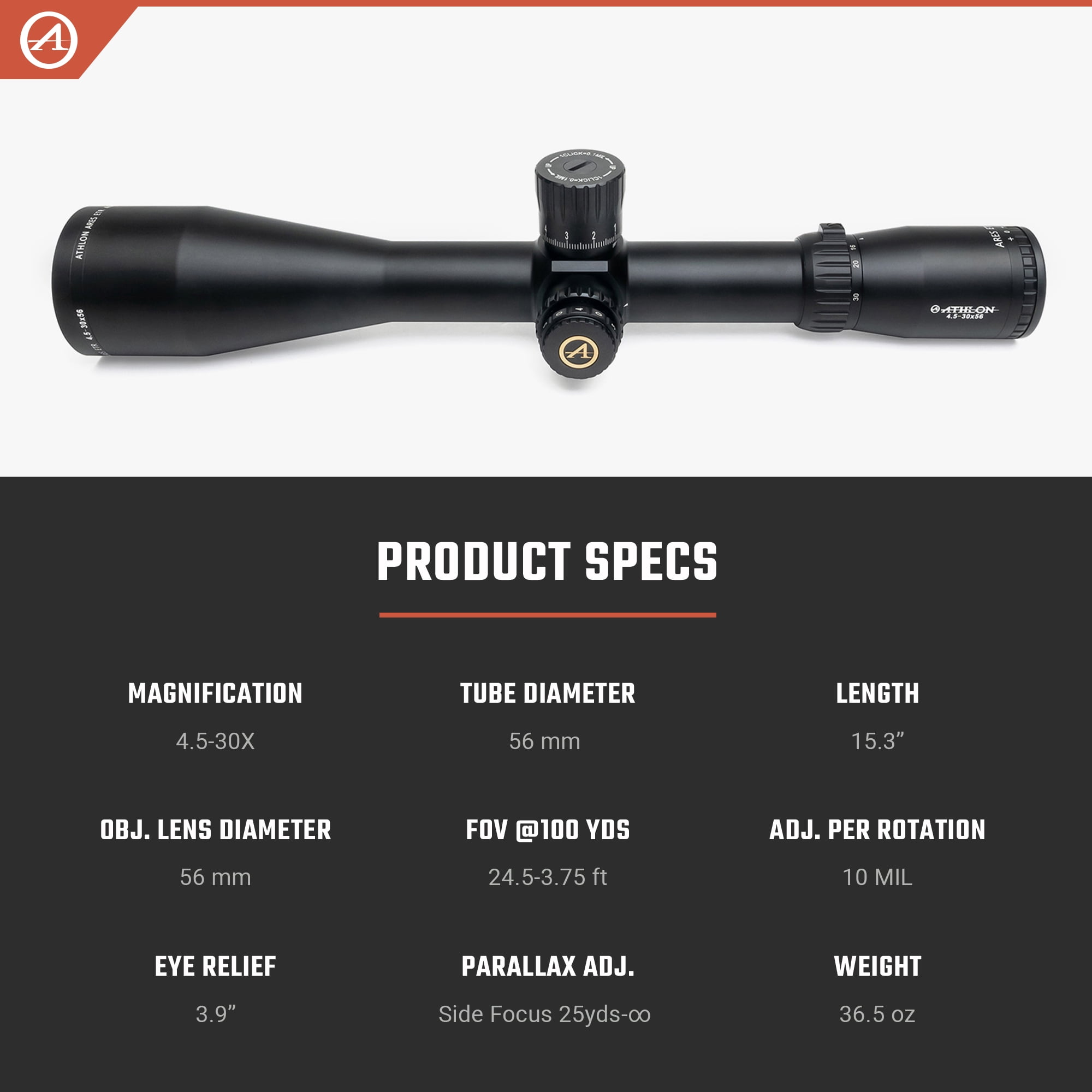 Athlon Optics Ares ETR Rifle Scope 4.5-30x 56mm Illuminated APRS6 MIL Reticle Matte Black