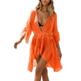 thumbnail image 2 of Swimsuit Coverup for Women 3/4 Sleeve Deep V Neck Tie Waist A Line Ruffle Flowy Knee Length Dress Beach Cover Up, 2 of 3