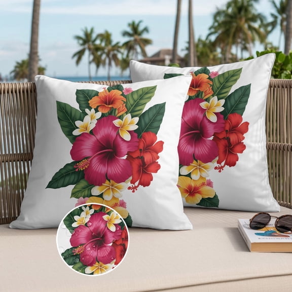Tropical Floral Outdoor Waterproof Throw Pillow Covers Set of 2, 20"x20", Vintage Red Yellow Orange Hibiscus Floral Green Leaf Plant Decorative Pillow Covers Outside Cushion Case for Patio Porch