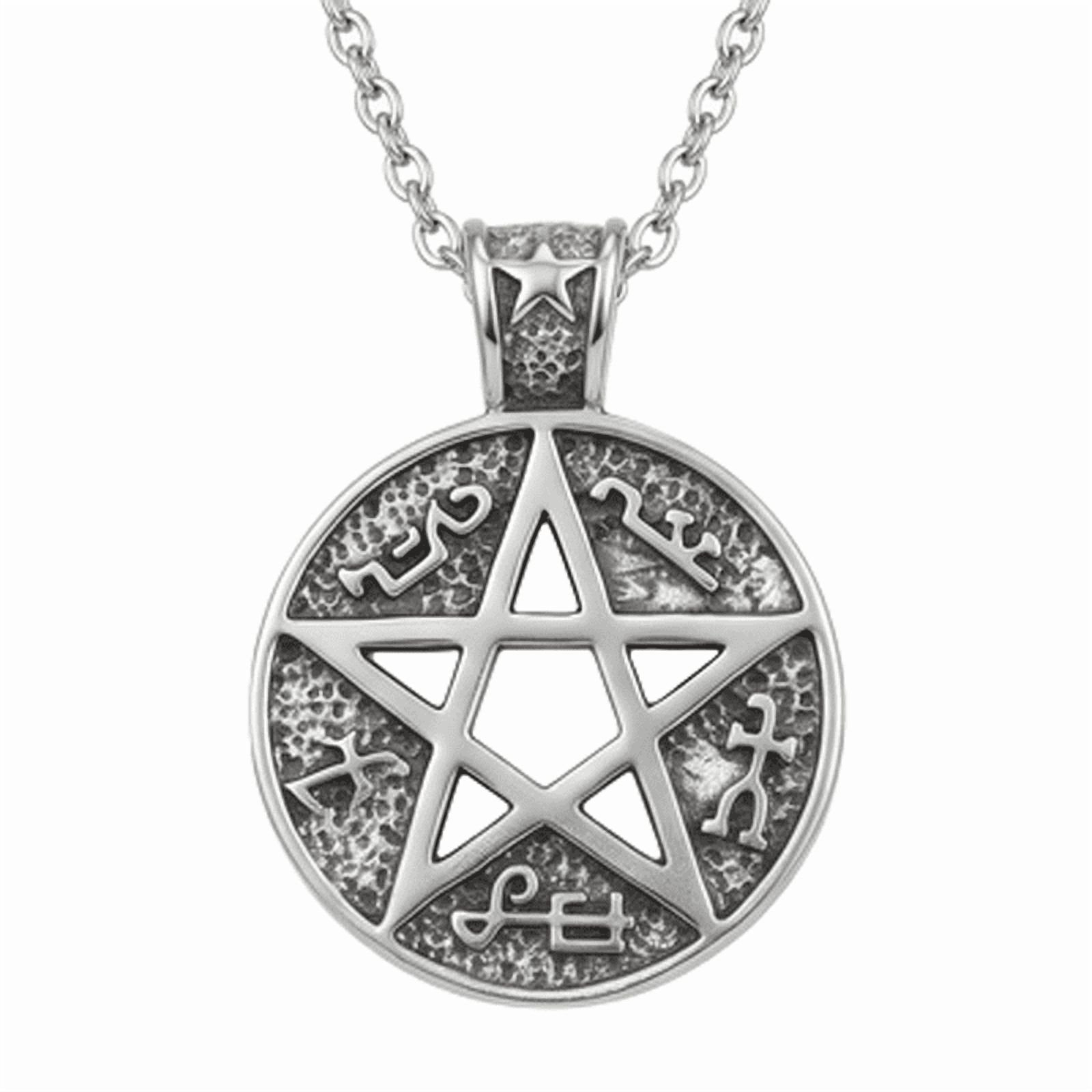 Stainless Steel Pentagram Pendant Necklace Mystic Symbol Charm with 18 Inch Cable Chain Round Occult Inspired Statement Fashion Jewelry Detailed Artisan Design 35x35mm