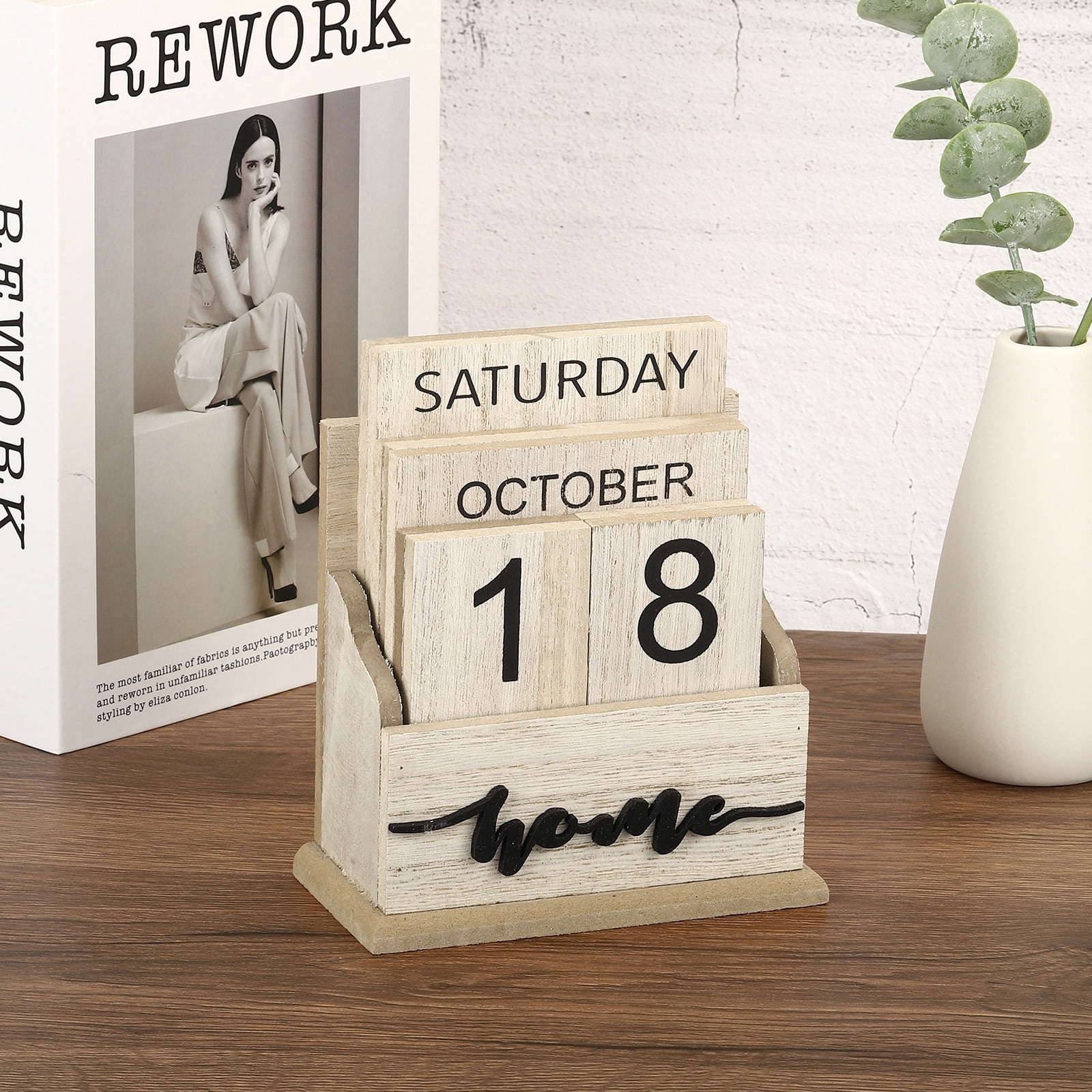 Unique Bargains Vintage Wood Block Perpetual Calendar for Desk Home Decoration Brown