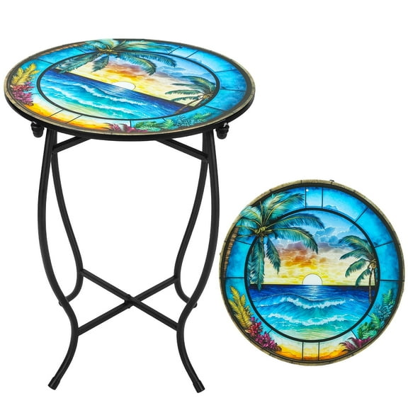 KABB  17-inch Tall 14 inch Round End Table， Iron colored glass seaside landscape flower rack  Plant Stands