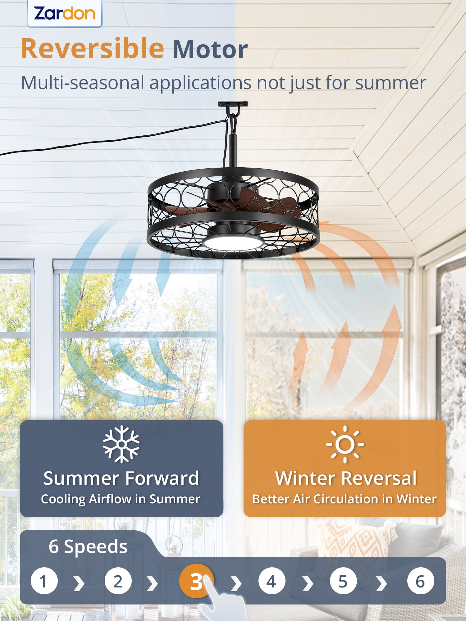 Zardon 20in Outdoor Ceiling Fans with Light and Remote Control, Caged Canopy Fan with Plug in Cord for Porch, Patio, Gazebo, Waterproof, Black