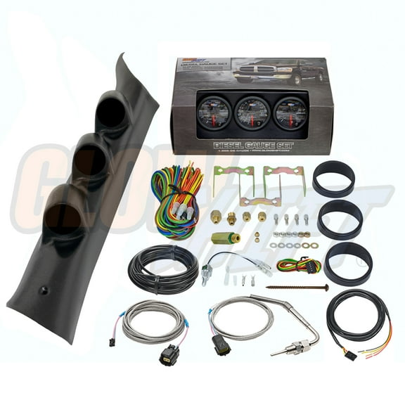 GlowShift | 2014-2019 Chevy Silverado 6.6 Duramax Black Triple Gauge Pillar Pod with Black 7 Color Series 60 PSI Boost Gauge, 1500F Pyrometer EGT Gauge & Transmission Temperature Gauge