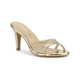 thumbnail image 1 of BLISSFUL STEP Women's Triple Strap Rhinestone Mules Open Toe Stiletto Heel Slide Sandals Gold 11, 1 of 8