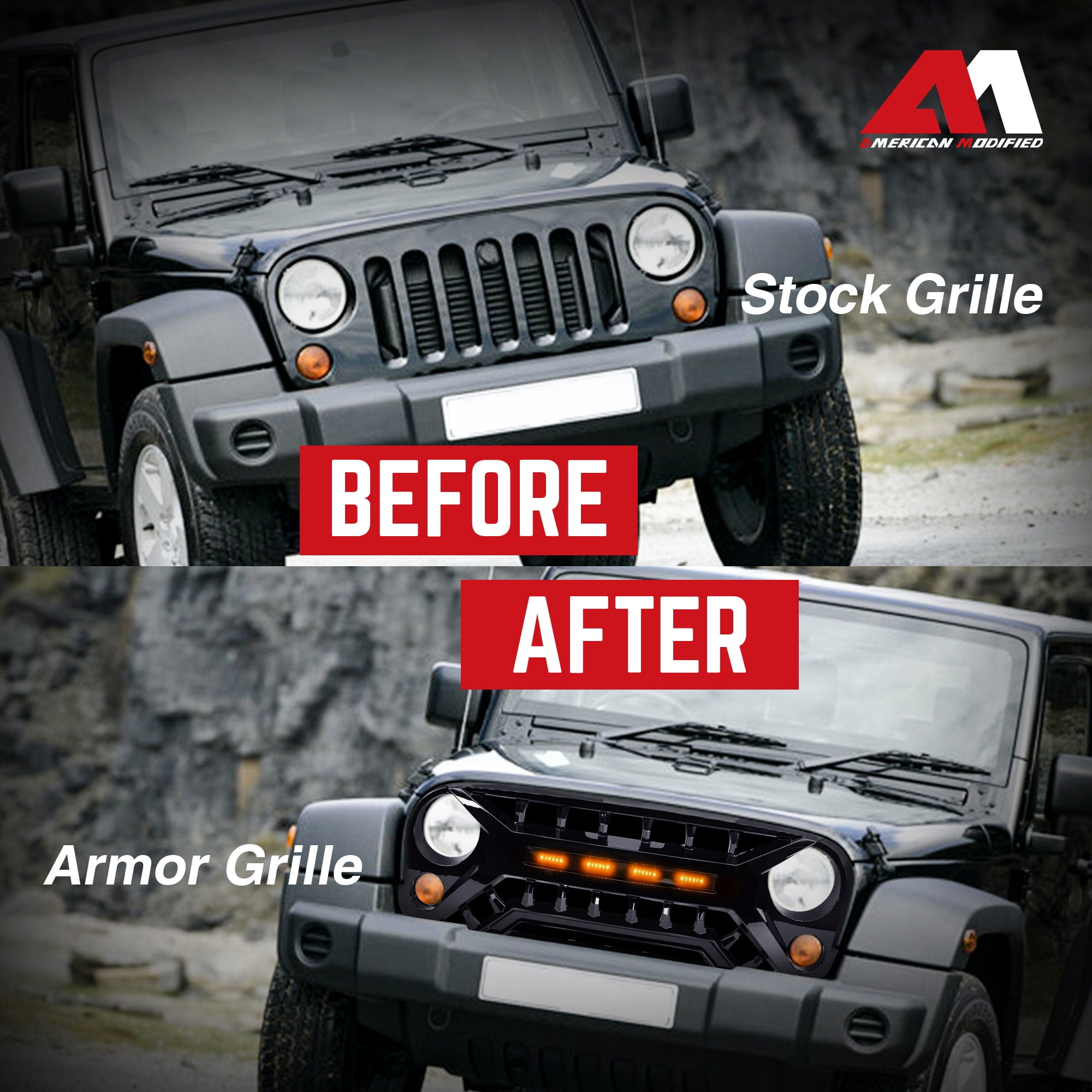 AMERICAN MODIFIED Grille 07-18 Jeep Wrangler JK w/ Amber LED, Glossy Black