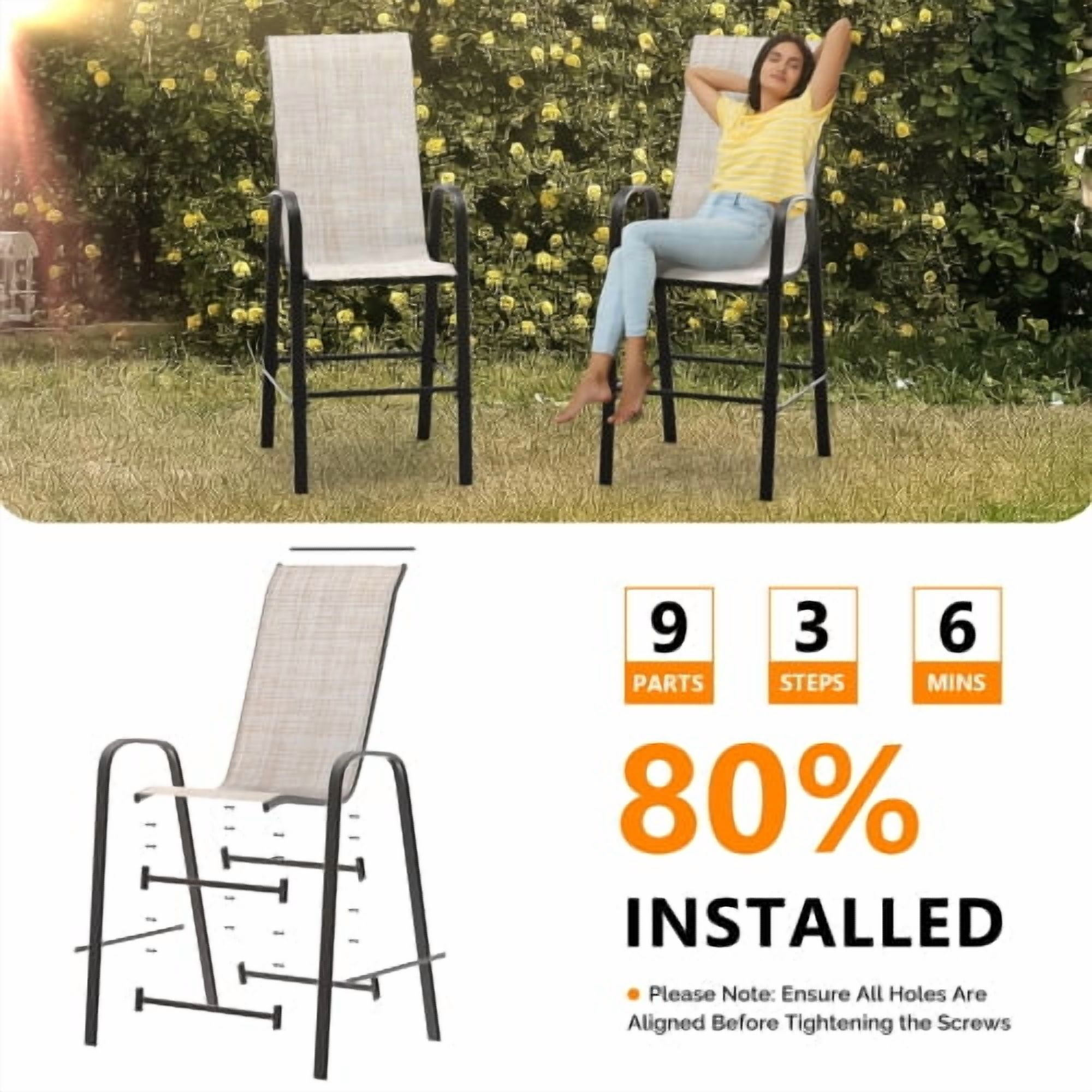 Ktaxon 4Pcs High Patio Outdoor Dining Chairs, Textilene Stackable Armrest Chairs Space Saving for Backyard Porch Garden - Khaki