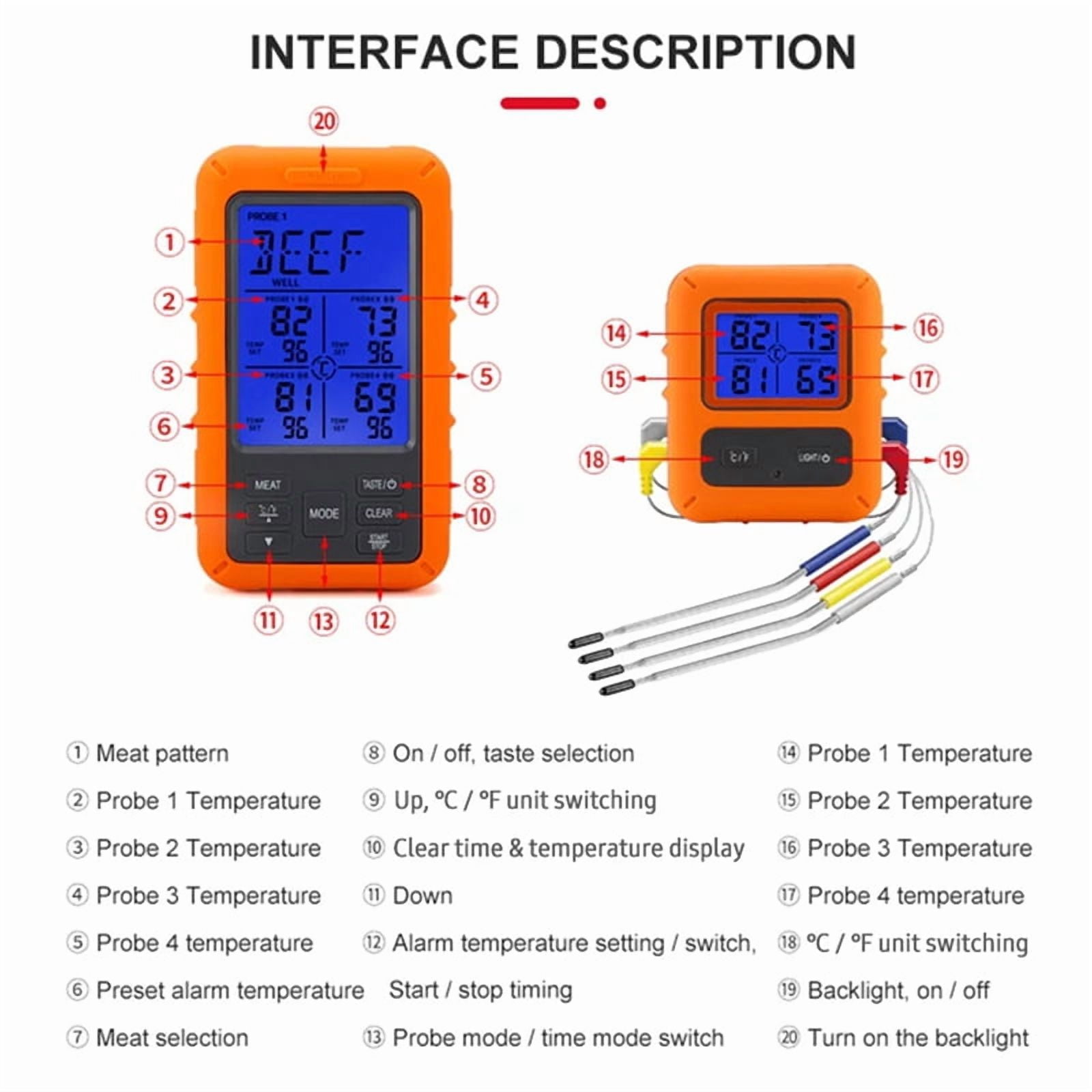 Digital Barbecue Meat Thermometer for Oven Thermomet with Timer 4 Probes Temperature Alarm Kitchen Thermometer(A)