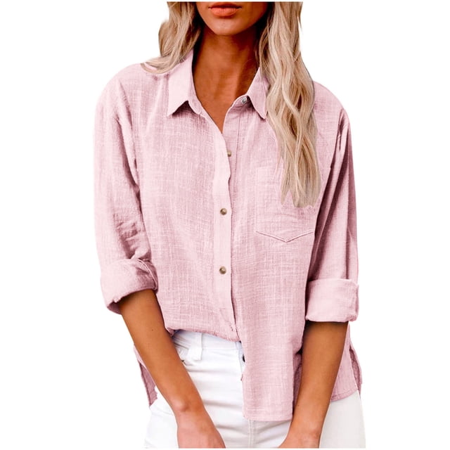 Umfun - Blusa informal de manga larga con botones para mujer, estilo informal, con cuello en V, holgada, con solapa y bolsillo, color rosa, talla 4XL