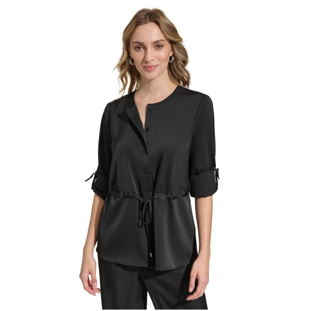 Calvin Klein Womens Satin Drawstring Waist Button Down Blouse, black, S