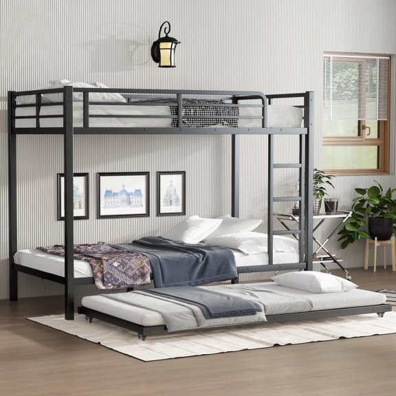 NOBRAND  Metal Twin XL-over-Queen Bunk Bed with Twin Size Trundle, Black
