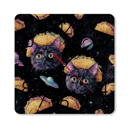 RKSupls 10×10inch Square Silent Wall Clock Wooden Frame, Cat Taco Space Funny Scale Decorative Clock for Home Bedroom Living Room Office