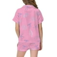 thumbnail image 3 of CAIVO Child Girls Home Soft Satin Outfit Sets With Ocean Bow Print Button Down Lapel Short Sleeve Summer Shirt Tops + Shorts Comfortable Wear For Toddler Kids Daily Casual Outfit Comfort Clothes Sets, 3 of 3