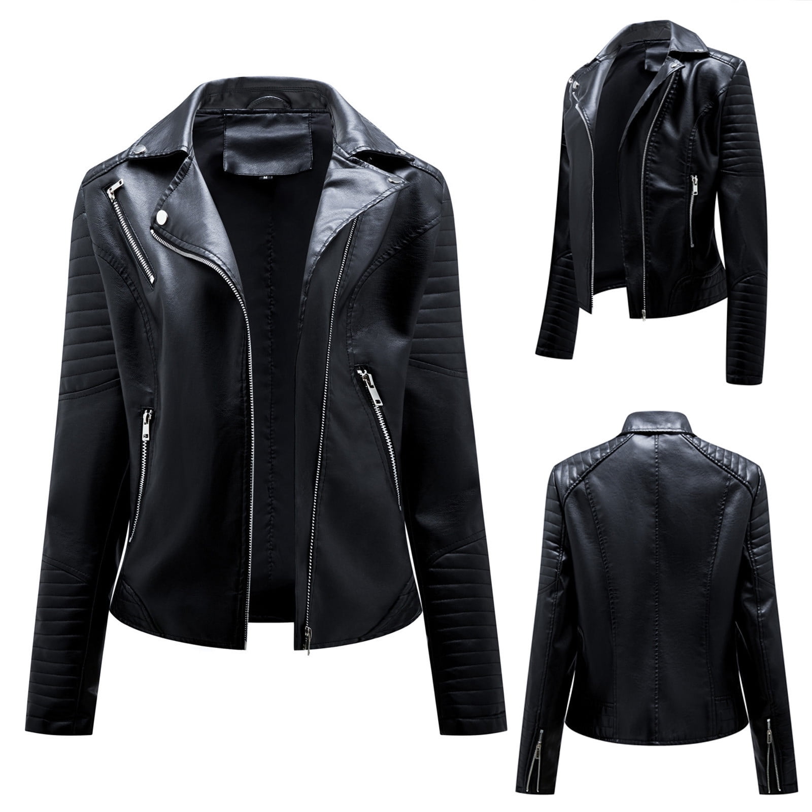 Fesfesfes Leather Jacket for Womens Warm Long Sleeve Jacket Slim Winter Parkas Faux Leather Coats