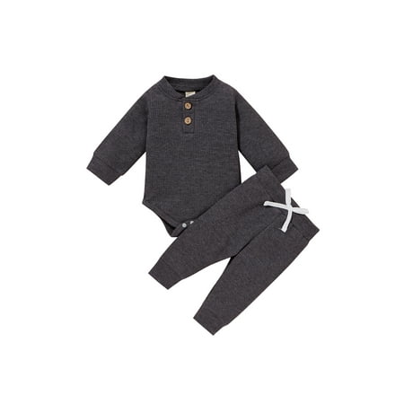 

Lazybaby 2Pcs Infant Newborn Baby Outfits Henley Neck Long Sleeve Romper Casual Pants Sets