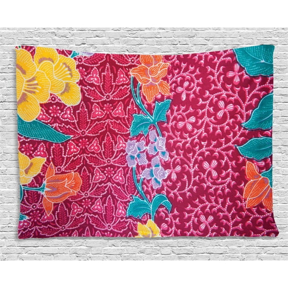 Asian Tapestry, Colorful Blossoms in the Style of Balinese Batik Eastern Traditional Image Print, Wall Hanging for Bedroom Living Room Dorm Decor, 80W X 60L Inches, Multicolor, by Ambesonne