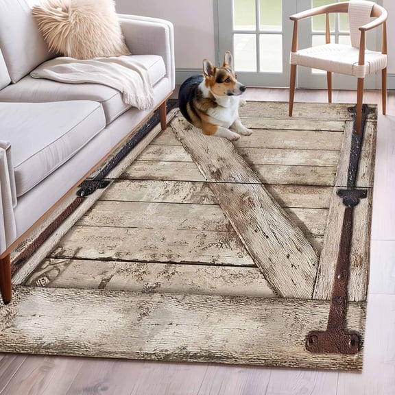 Farmhouse Wood Grain Area Rugs 3'x5', Washable Small Throw Rugs for Living Room Bedroom, Vintage Country Barn Gate Brown Indoor Outdoor Rug Non-Slip Low Pile Carpet Runner Reversible Floor Mats