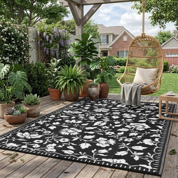 Floral Outdoor Area Rug UV Resistant Plastic Straw Portable Reversible Camping Carpet Waterproof Throw Mat for Patio Decor Balcony Picnic