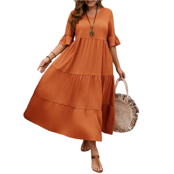 LWavelet Women's Plus Size Tiered Maxi Dress 3/4 Sleeve V-Neck Ruffle Cuff Casual Loose Dress Saffron XL
