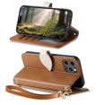 thumbnail image 4 of Leather For iPhone 14 Pro Case Leaf buckle zipper wallet  3-card  Flip Wallet Leather Case With Card Holder Magnetic Closure  Phone Cases Cover,Brown,For iPhone 14 Pro, 4 of 7