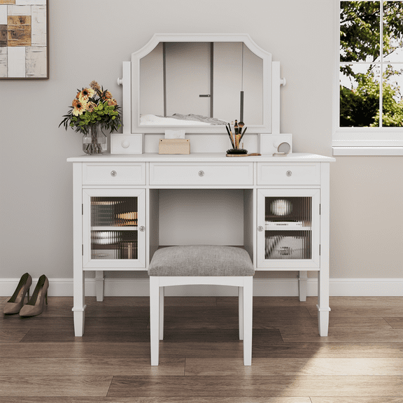 MIDOQIN 44.4" Vanity Desk with Large Swivel Mirror, Dressing Table with 5 Drawers & 2 Cabinets, Space-Saving Makeup Table for Bedroom or Home Office, White