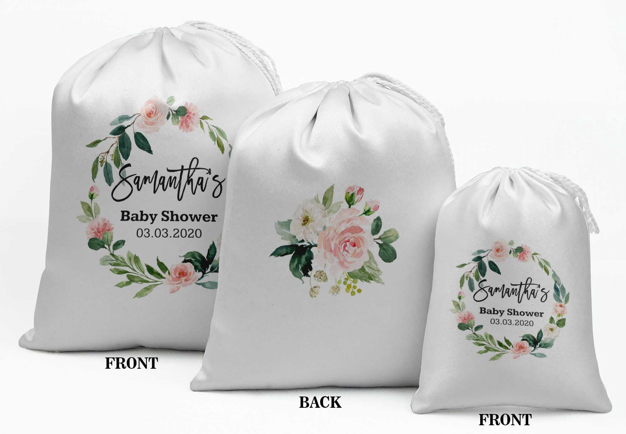 Darling Souvenir White Floral Wreath Baby Shower Custom Party SuppliesÂ&nbsp;Drawstring PouchesÂ&nbsp;Favor Bags 15 Pieces