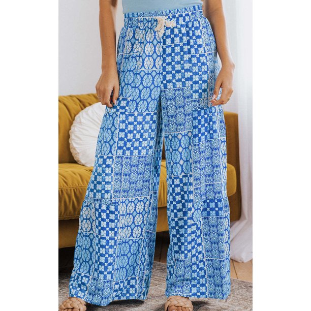 Pantalones Mujer Pantalones casuales estampados florales Cordón Pantalones de pierna ancha Suave para el trabajo (Azul XL) Cgtredaw Para estrenar