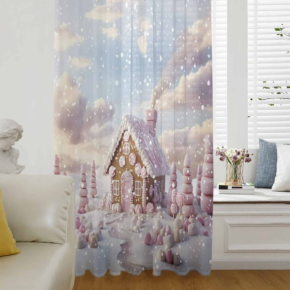 Pink Blue Christmas Semi Sheer Curtains Drapes for Living Room, Bedroom, French Doors Window 54 Inches Long, Xmas Snowflake Tree Rod Pocket Chiffon Curtain Drapery Voile Draperies Panel