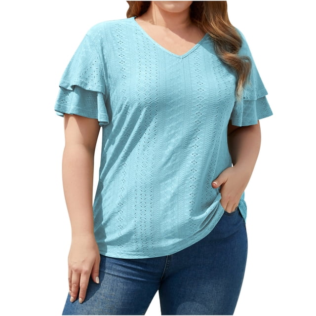 Timegard Eyelet Tops for Women Plus Size V Neck Ruffle Short Sleeve Tee Tops Casual Loose Comfy Summer