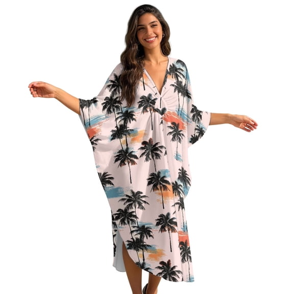DISNIMO Palm Tree Print Women's Kaftan Dress Plus Size V-Neck Swimsuit Coverup Batwing Sleeves Caftan Beach Cover up Lightweight Loose Swimwear Coverups