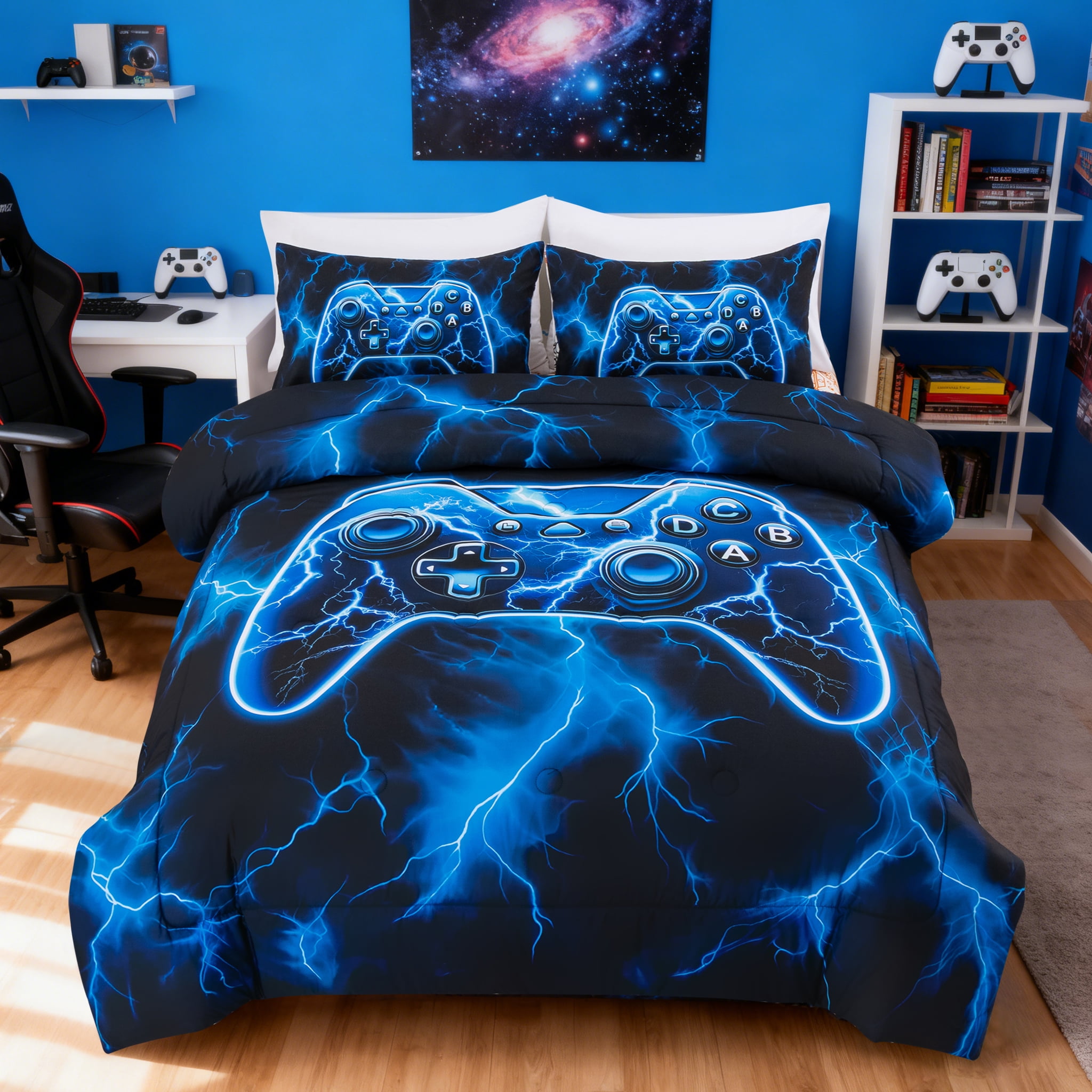 Btargot 3 Piece Gamer Boy Twin Comforter Set Blue Lightning Game Controller Print Kids Bedding Set