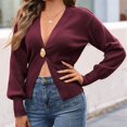 thumbnail image 6 of Women Knitted Cardigan Long Sleeve V-Neck Sweater One Leaf Button Down Outwear Wine Red L, 6 of 9
