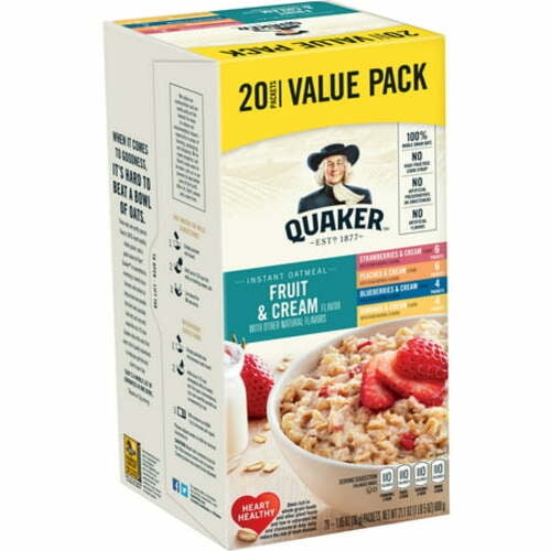Quaker Instant Oatmeal, Fruit & Cream Variety Pack, Value Pack, 20