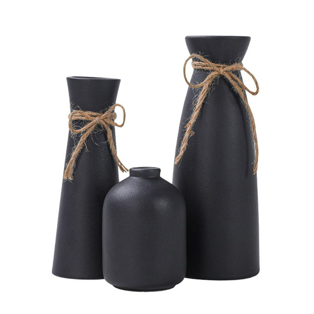 Juego de 3 jarrones de cerámica con diseño de flores, moderno, minimalista y brillante, para escritorio. Negro
