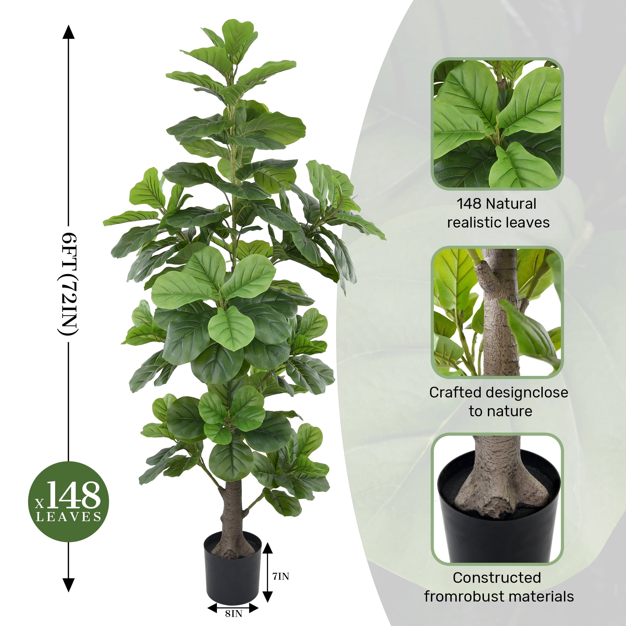 Artificial Fiddle Leaf Fig Tree 6ft(72in)Tall Faux Tree with Large Realistic Trunks and Big Leaves, Fake Floor Potted Artificial plants for Home Office Garden Indoor Outdoor Decor