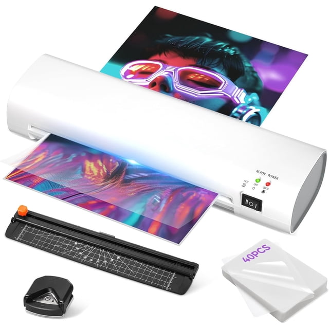 Tigebraver 9 Inch Portable Laminator Machine With Anti-Jam Tech, All-In-One A4 Thermal Laminator With Trimmer & Corner Rounder For Home, Office, School & Business, 40 Sheets Included (White)