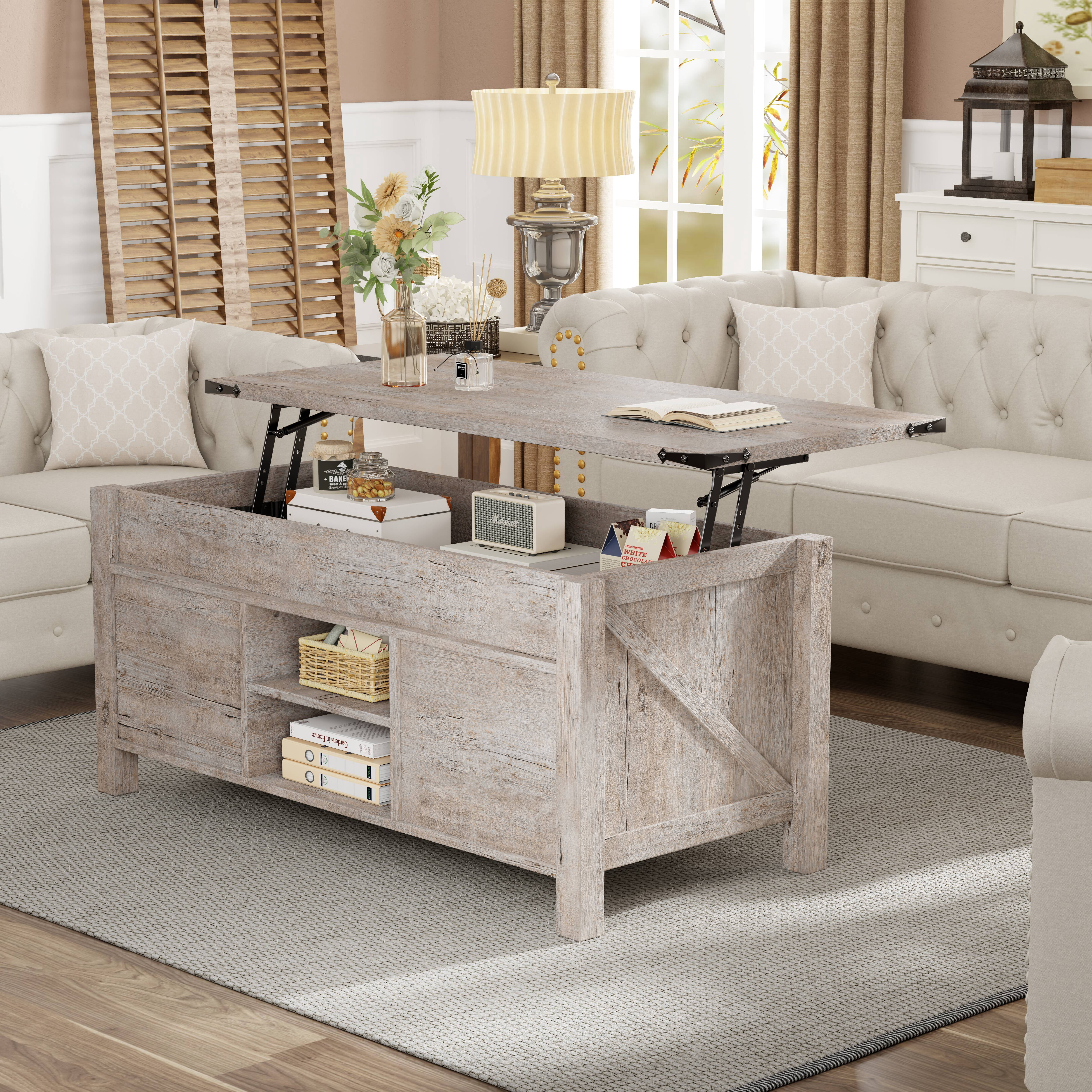 OKD 48" Farmhouse Lift Top Coffee Table with Sliding Barn Door, Rustic Center Table with Hidden Storage Compartment for Living Room, Office, Light Rustic Oak