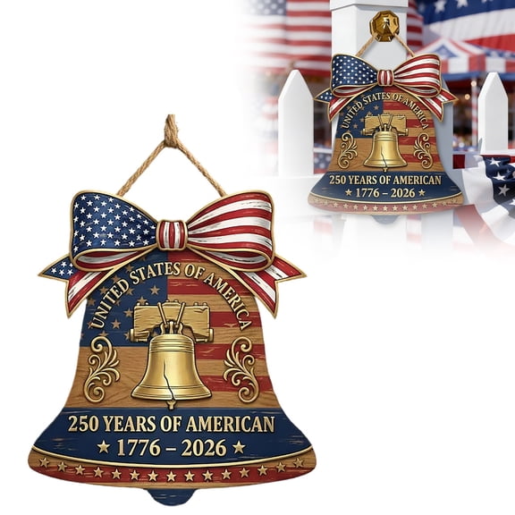 United States 250th Anniversary Wooden Sign - Patriotic Liberty Bell with Stars and Stripes Bow Decor America 1776-2026 Semiquincentennial Celebration Plaque Commemorative USA Door Hanging Art