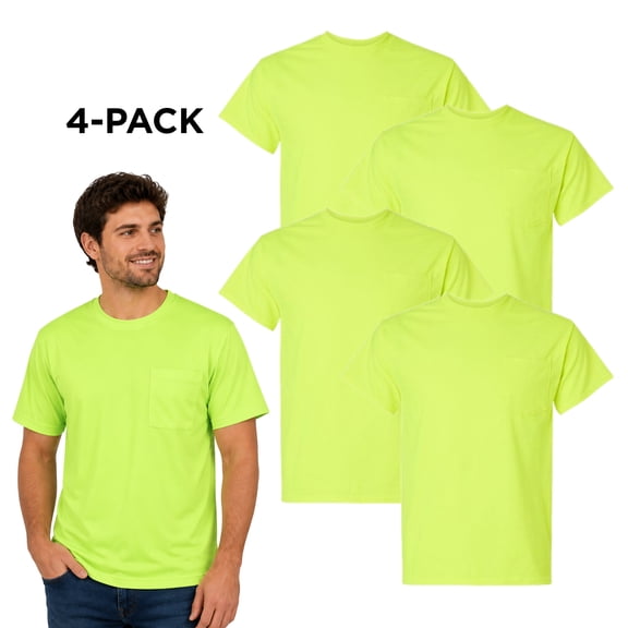 Gildan High Visibility Pocket T-Shirt for Men Hi Vis Reflective Workwear Short-Sleeved Safety Shirt (Safety Green Pack 4, M)