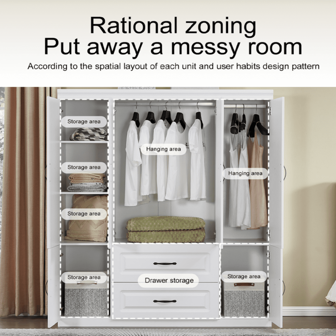VivaVista 4-Door Wardrobe Armoire Closet, Modern White Wood Storage Cabinet with Hanging Rods & Drawers